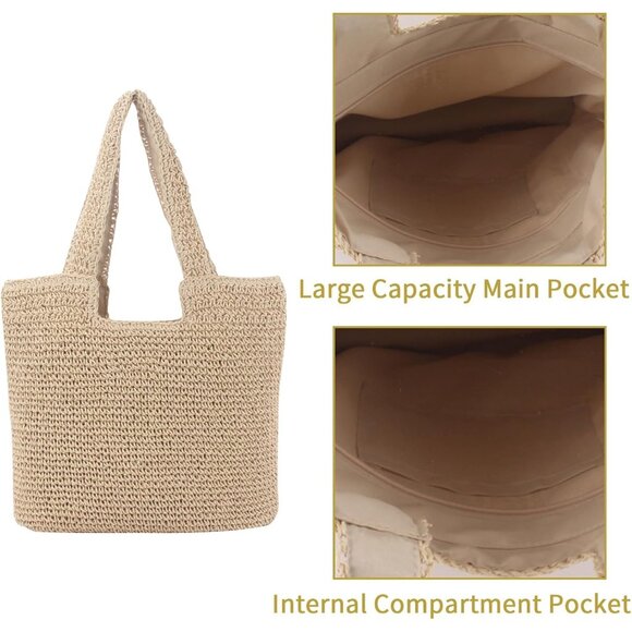 Women Beige Weaving Casual Retro Bag with Zipper Closure Shoulder Handbag Purse - Picture 5 of 7